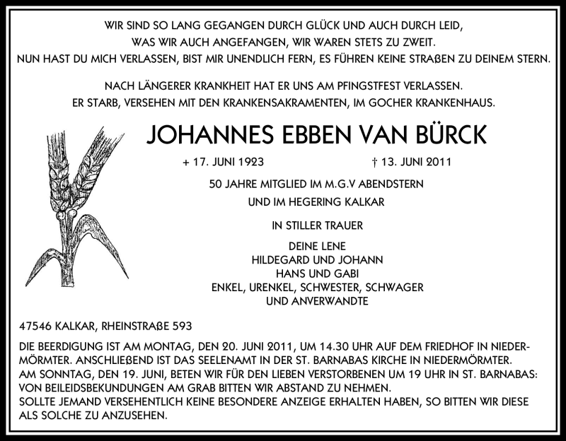  Traueranzeige für JOHANNES EBBEN vom 15.06.2011 aus Tageszeitung