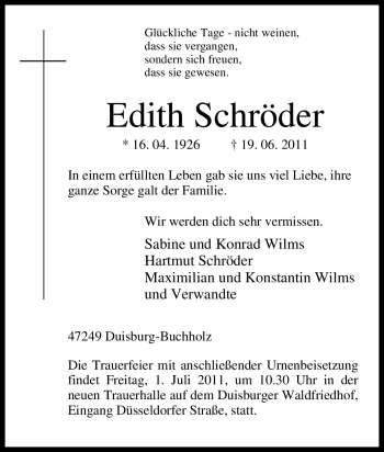 Traueranzeige von Edith Schröder von Tageszeitung