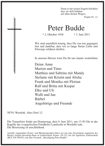 Traueranzeige von Peter Budde von Tageszeitung