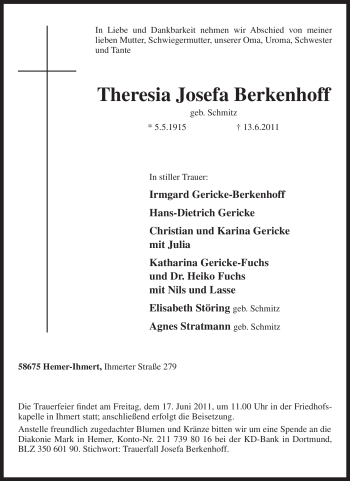 Traueranzeige von Theresia Josefa Berkenhoff von Tageszeitung