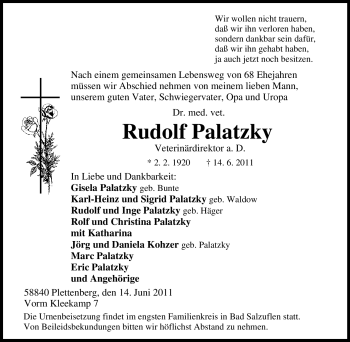 Traueranzeige von Rudolf Palatzky von Tageszeitung