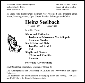 Traueranzeige von Heinz Seelbach von Tageszeitung