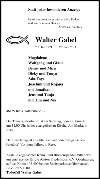 Traueranzeigen von Walter Gabel TrauerinNRW.de