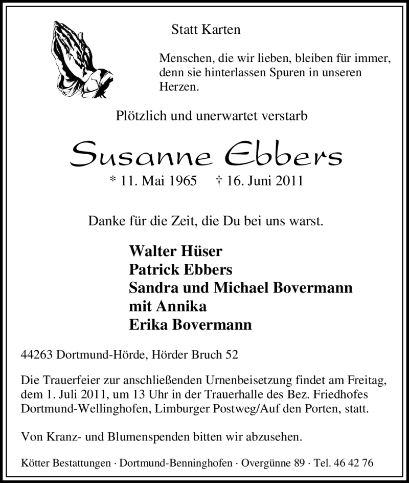 Traueranzeige für Susanne Ebbers vom 28.06.2011 aus Tageszeitung