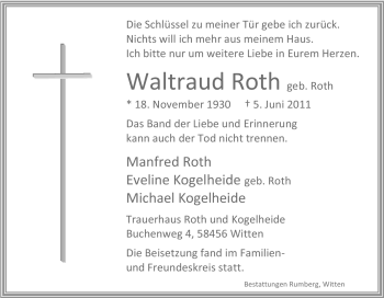 Traueranzeige von Waltraud Roth von Tageszeitung