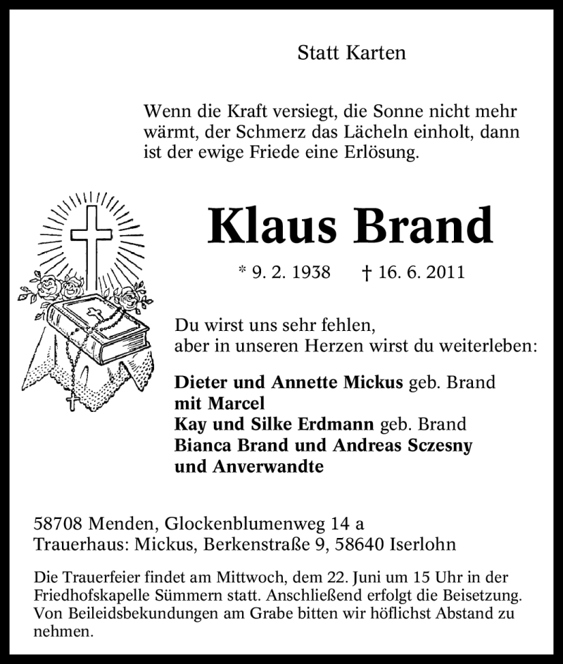  Traueranzeige für Klaus Brand vom 18.06.2011 aus Tageszeitung