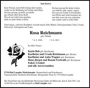 Traueranzeige von Rosa Reichmann von Tageszeitung