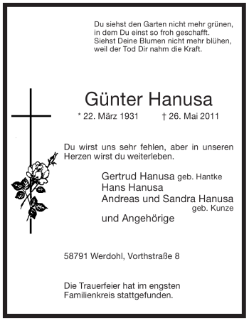 Traueranzeige von Günter Hanusa von Tageszeitung