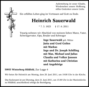 Traueranzeige von Heinrich Sauerwald von Tageszeitung