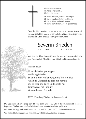 Traueranzeige von Severin Brieden von Tageszeitung