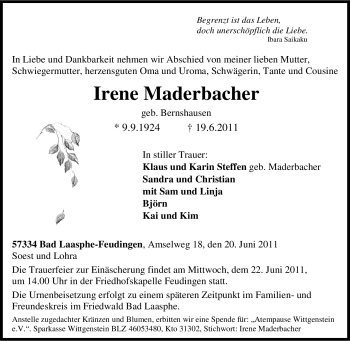 Traueranzeige von Irene Maderbacher von Tageszeitung