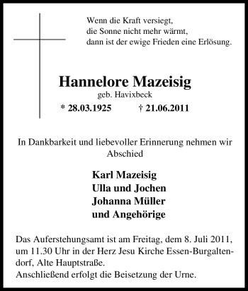 Traueranzeige von Hannelore Mazeisig von Tageszeitung