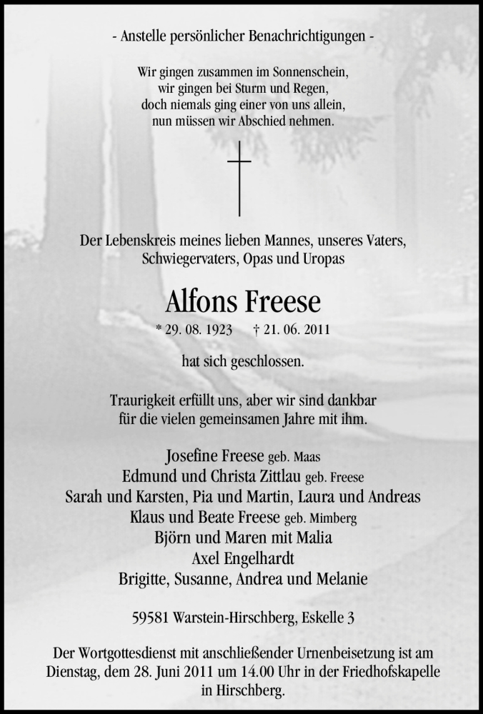  Traueranzeige für Alfons Freese vom 23.06.2011 aus Tageszeitung
