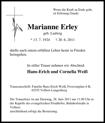 Traueranzeige von Marianne Erley von Tageszeitung