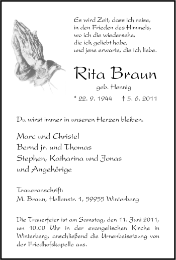 Traueranzeige von Rita Braun von Tageszeitung