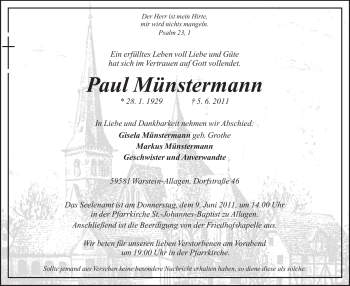 Traueranzeige von Paul Münstermann von Tageszeitung