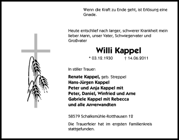 Traueranzeige von Willi Kappel von Tageszeitung
