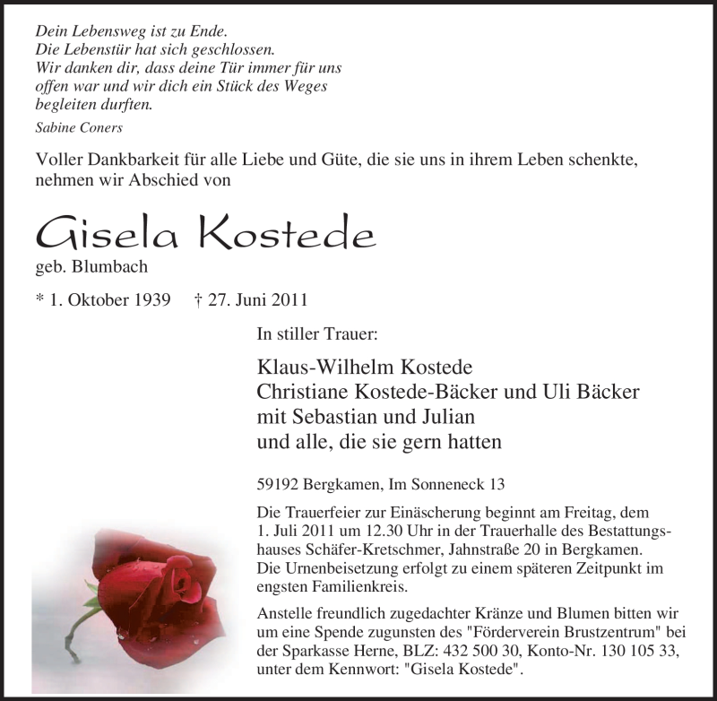  Traueranzeige für Gisela Kostede vom 29.06.2011 aus Tageszeitung