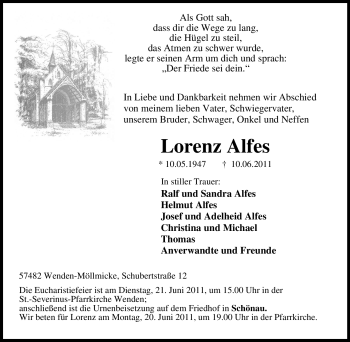Traueranzeige von Lorenz Alfes von Tageszeitung