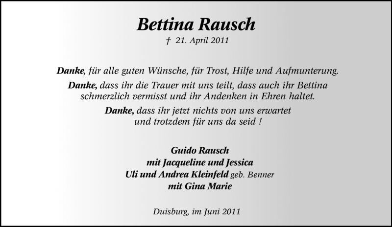  Traueranzeige für Bettina Rausch vom 18.06.2011 aus Tageszeitung