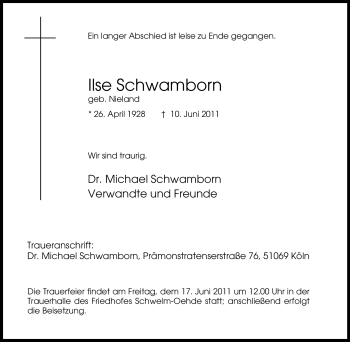 Traueranzeige von Ilse Schwamborn von Tageszeitung
