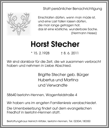 Traueranzeige von Horst Stecher von Tageszeitung