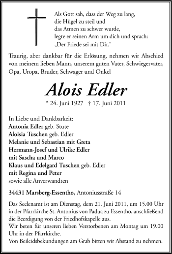 Traueranzeige von Alois Edler von Tageszeitung