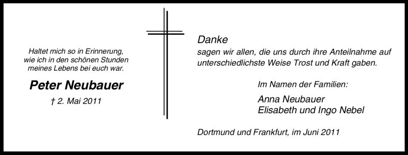  Traueranzeige für Peter Neubauer vom 04.06.2011 aus Tageszeitung