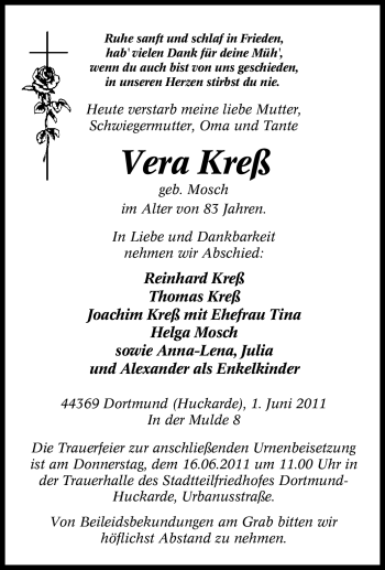 Traueranzeige von Vera Kreß von Tageszeitung