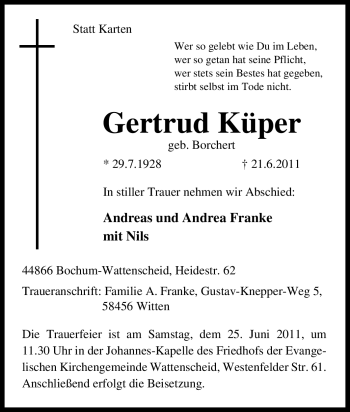 Traueranzeige von Gertrud Küper von Tageszeitung