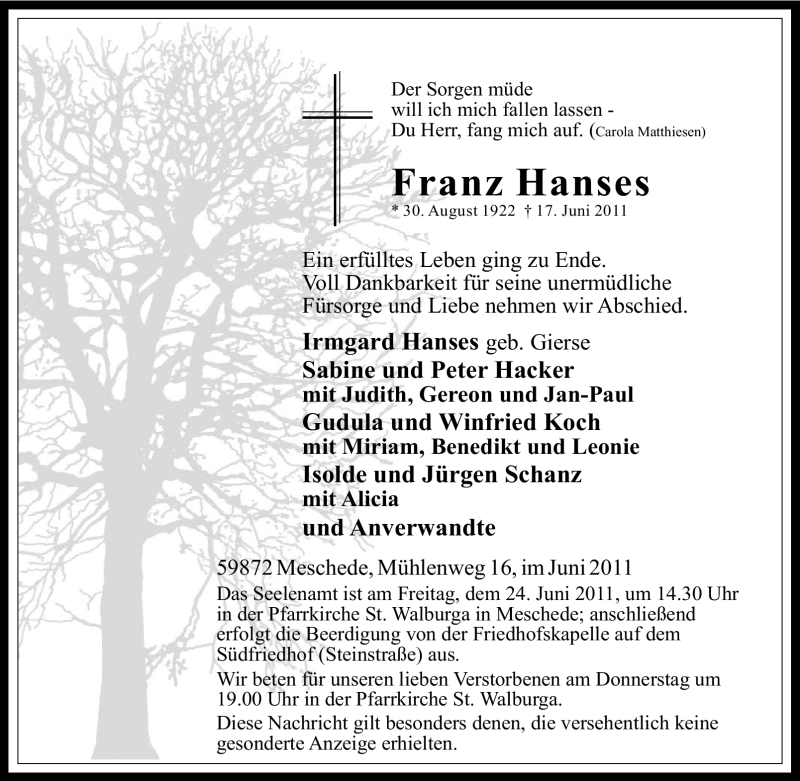  Traueranzeige für Franz Hanses vom 20.06.2011 aus Tageszeitung