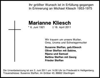 Traueranzeige von Marianne Kliesch von Tageszeitung