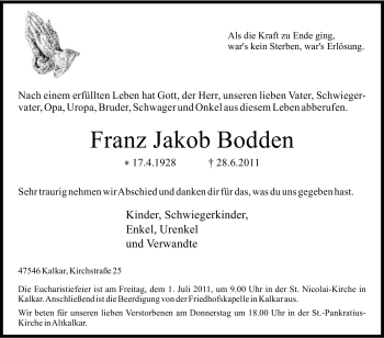 Traueranzeige von Franz Jakob Bodden von Tageszeitung