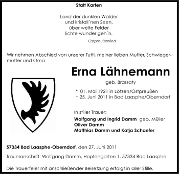 Traueranzeige von Erna Lähnemann von Tageszeitung