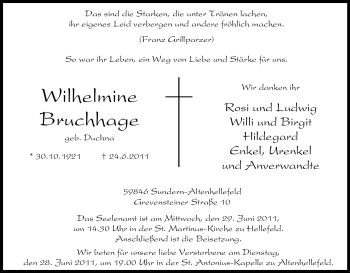 Traueranzeige von Wilhelmine Bruchhage von Tageszeitung