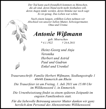 Traueranzeige von Antonie Wißmann von Tageszeitung