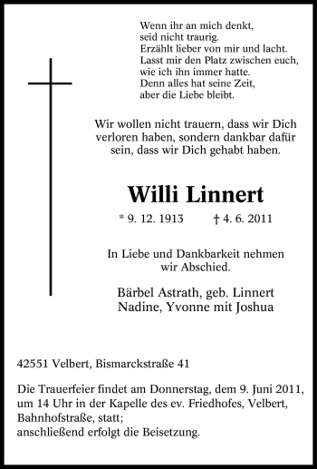 Traueranzeige von Willi Linnert von Tageszeitung