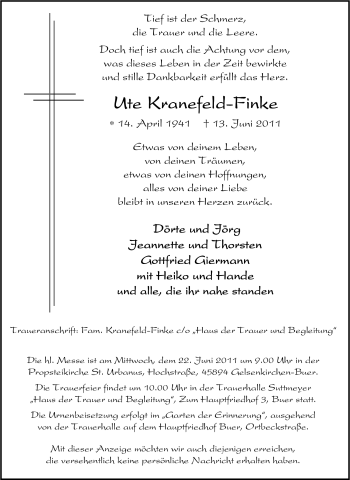 Traueranzeige von Ute Kranefeld-Finke von Tageszeitung