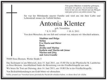 Traueranzeige von Antonia Klenter von Tageszeitung