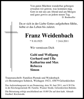 Traueranzeige von Franz Weidenbach von Tageszeitung