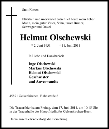 Traueranzeige von Helmut Olschewski von Tageszeitung