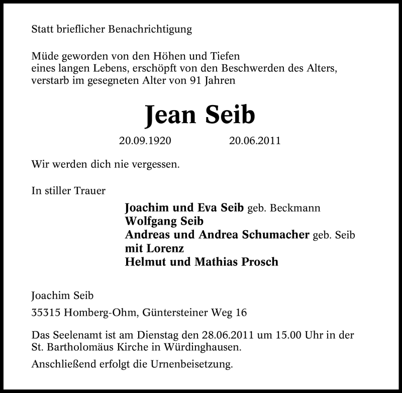  Traueranzeige für Jean Seib vom 25.06.2011 aus Tageszeitung