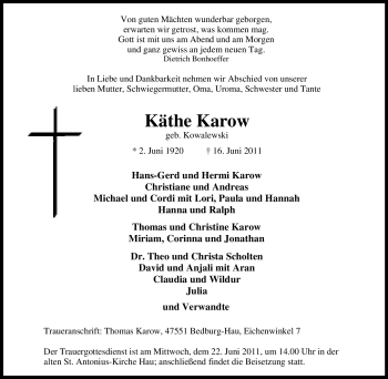 Traueranzeige von Käthe Karow von Tageszeitung