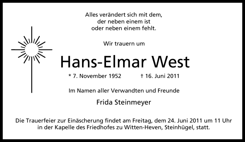  Traueranzeige für Hans-Elmar West vom 21.06.2011 aus Tageszeitung