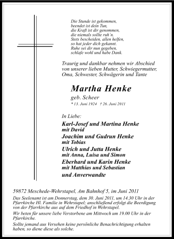 Traueranzeige von Martha Henke von Tageszeitung