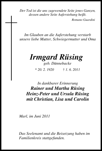 Traueranzeige von Irmgard Rüsing von Tageszeitung
