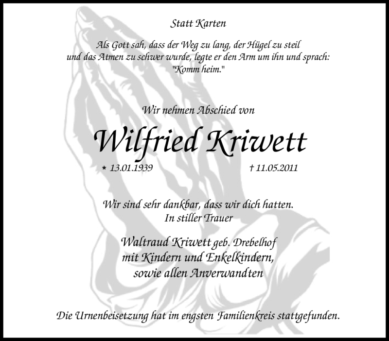  Traueranzeige für Wilfried Kriwett vom 17.06.2011 aus Tageszeitung