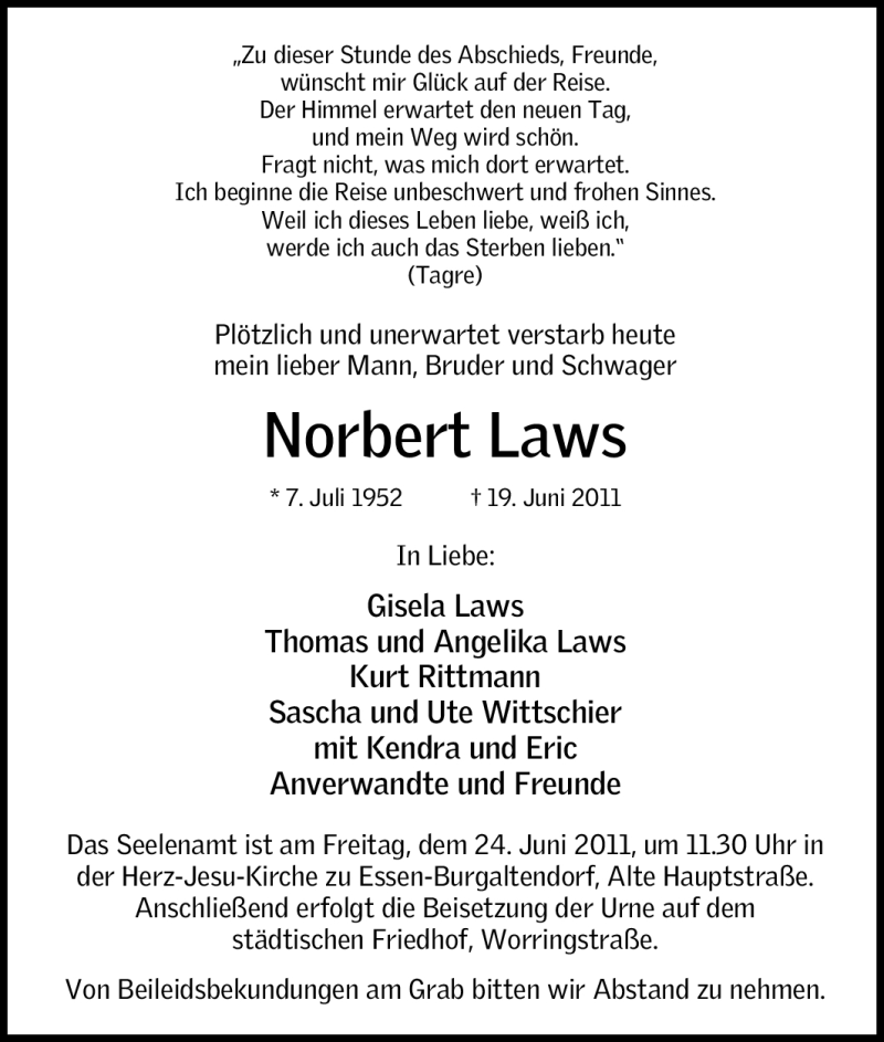  Traueranzeige für Norbert Laws vom 21.06.2011 aus Tageszeitung