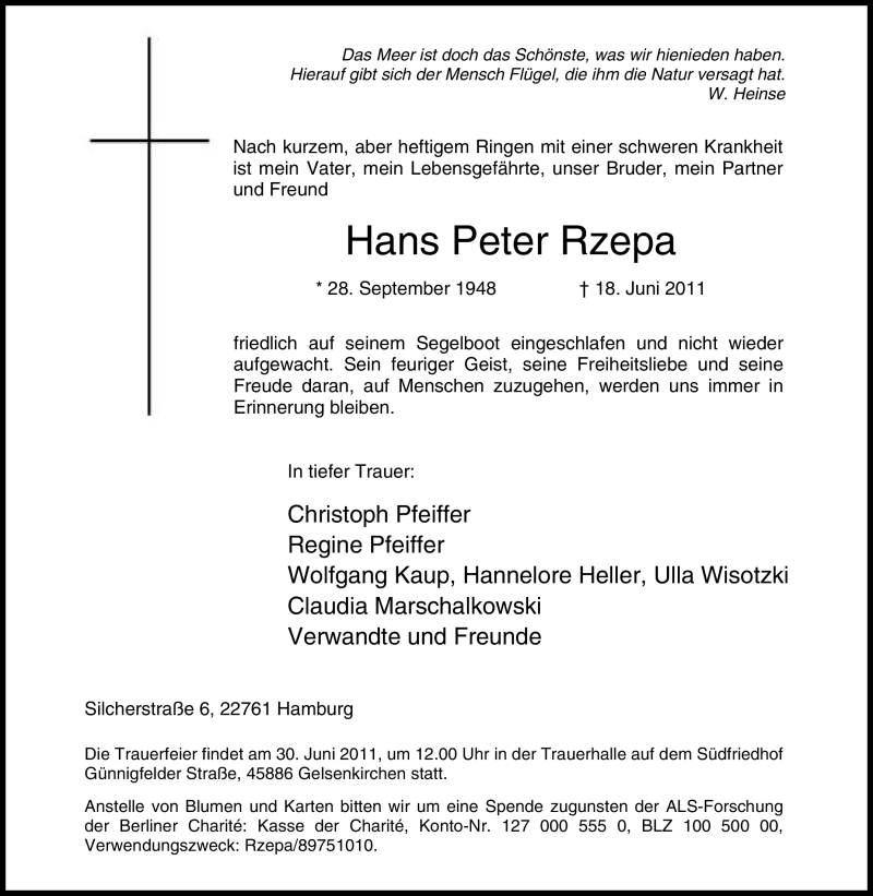  Traueranzeige für Hans Peter Rzepa vom 25.06.2011 aus Tageszeitung