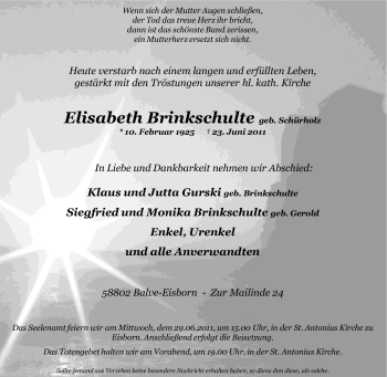 Traueranzeige von Elisabeth Brinkschulte von Tageszeitung